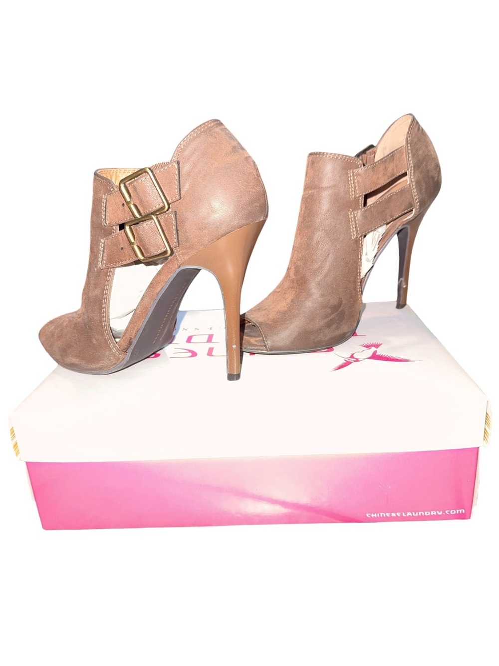 Chinese Laundry Taupe Suede Cutout Heels with Double Buckles